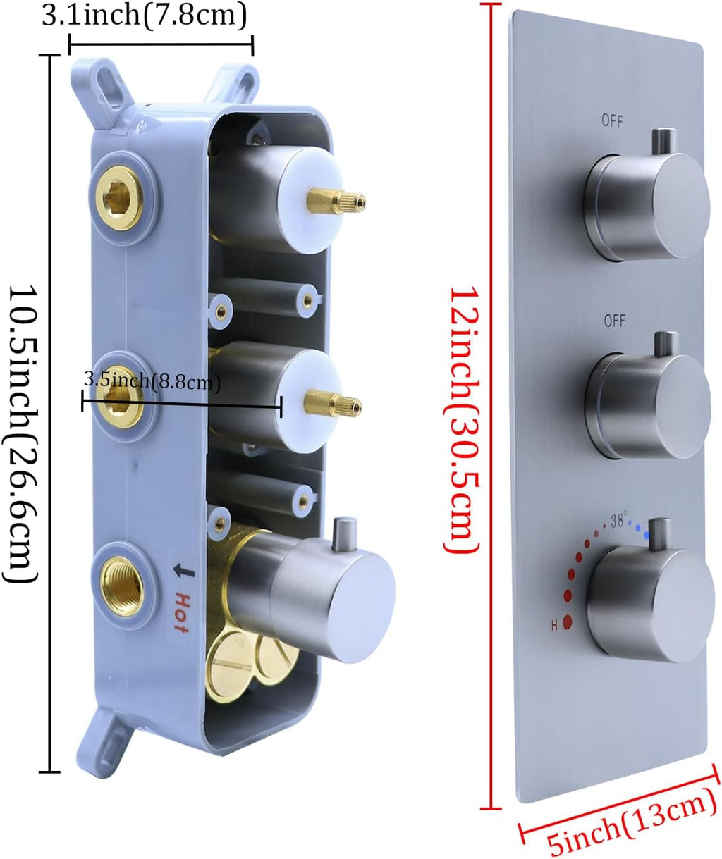 2 Function Shower Thermostatic Valve 3 Round Knob Valve Body Can Control Water Volume and Work at the Same Time Concealed Brass Bathroom Replacement Rough-In Valve(Brushed Nickel, 2-Way)