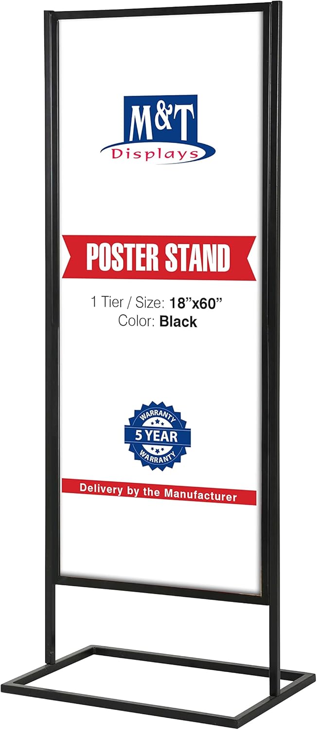 M&T Displays Metal Eco Info Board Black 18x60 Inches Slide-in Poster Sign Holder 1 Tier Double Sided Floor Standing Advertising Display with Backing and Anti-Glare PET Cover