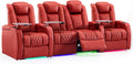 Weilianda Home Theater Seating Top Grain Leather Zero Gravity Recliner Chair Power Headrest Recline Movie Seat Gaming 7 Colors Mood Light Sofa with Tray Table USB Charge Row of 4 Loveseat Middle Red
