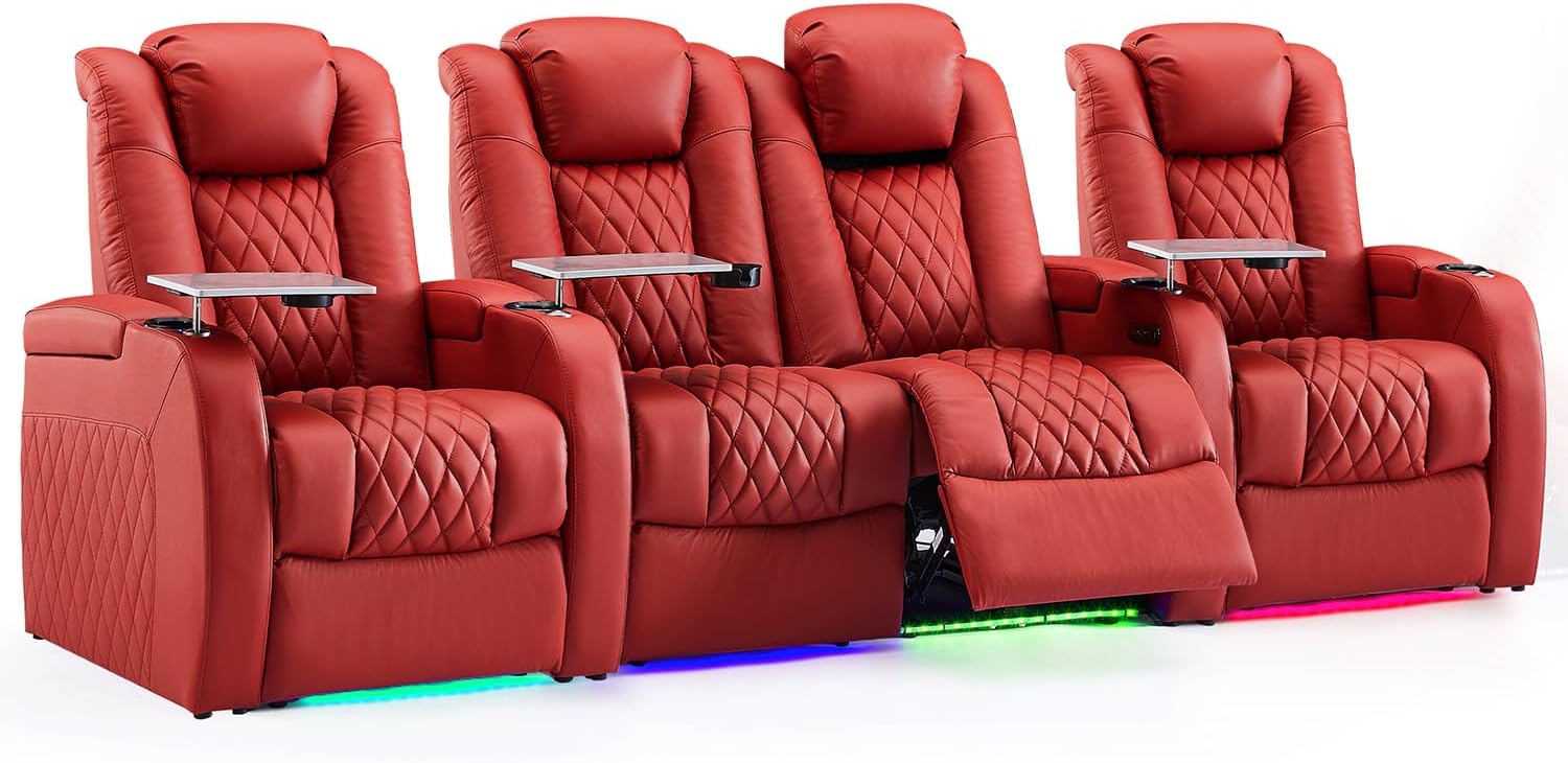 Weilianda Home Theater Seating Top Grain Leather Zero Gravity Recliner Chair Power Headrest Recline Movie Seat Gaming 7 Colors Mood Light Sofa with Tray Table USB Charge Row of 4 Loveseat Middle Red
