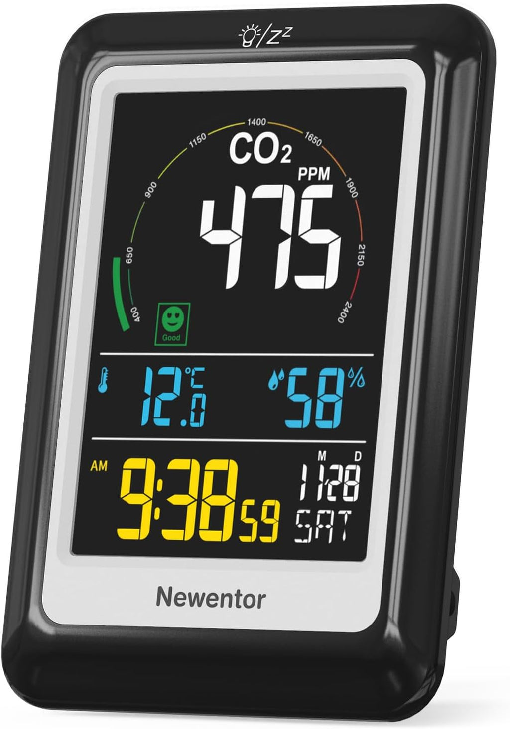 Newentor CO2 Detector with Indoor Temperature Humidity, CO2 Monitor with Clock Alarm, Carbon Dioxide Detector for Home, Portable Air Quality Monitor CO2 Meter Sensor for Tent Garden Plant, Black