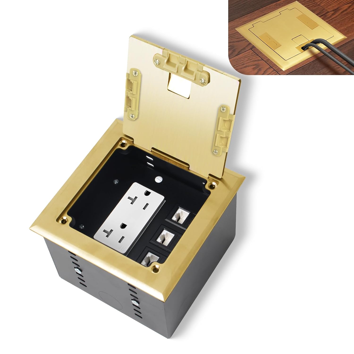 KYHSHJ Recessed Flat Hidden Socket Kit with 20 Amp Stainless Steel TR Receptacle Outlet Stainless+3-Port RJ45 Datacom Receptacle.Internal Height Adjustable，Corrosive Resistant Hardware，Brass