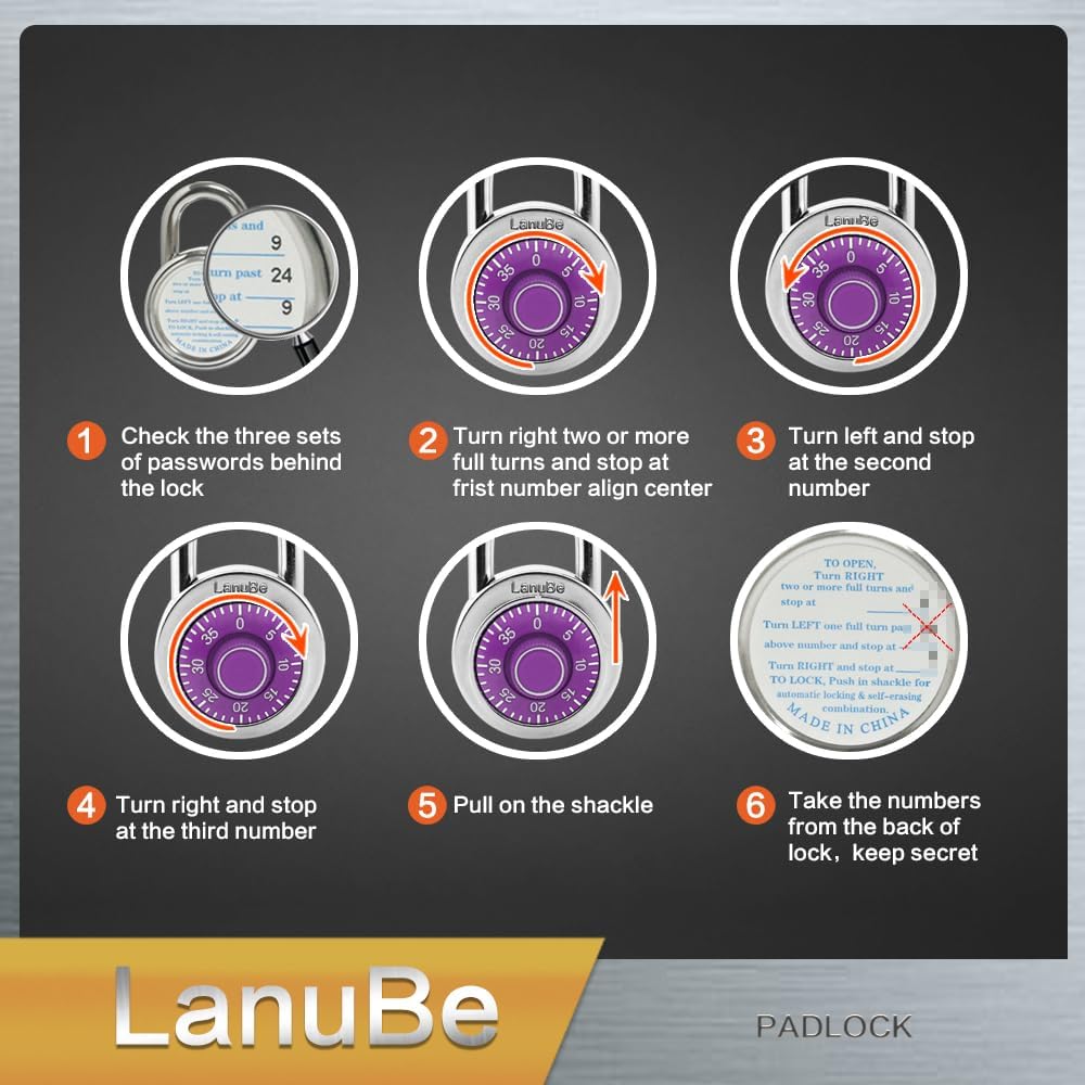 LanuBe Standard Dial Combination Lock, 2 inches. Wide, with Different Combinations, Purple Turnplate, Pack of 12; Lock for School, Employee, Gym Sports Locker, Case, Toolbox