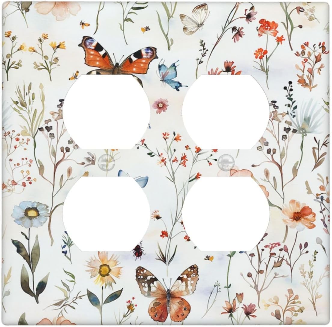 Outlet Covers Butterfly Floral Boho Multicolor Flower Leave 2 Gang Double Duplex Decorative Light Switch Covers Electrical Wallplates Socket Faceplate for Bed Room living Room Decor
