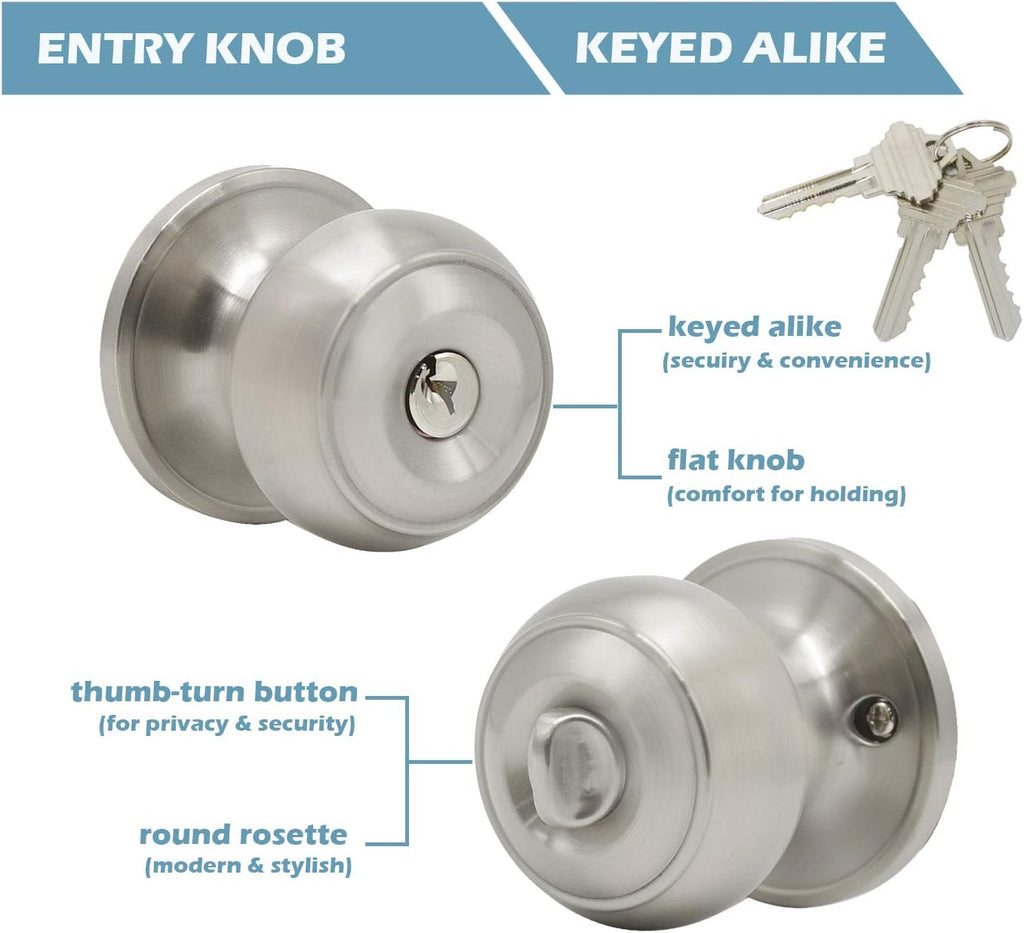 Gobrico 2 Pack Falt Ball Satin Nickel Finished Entry Door Locksets with Same Key Keyed-Alike Exterior Door Knobs