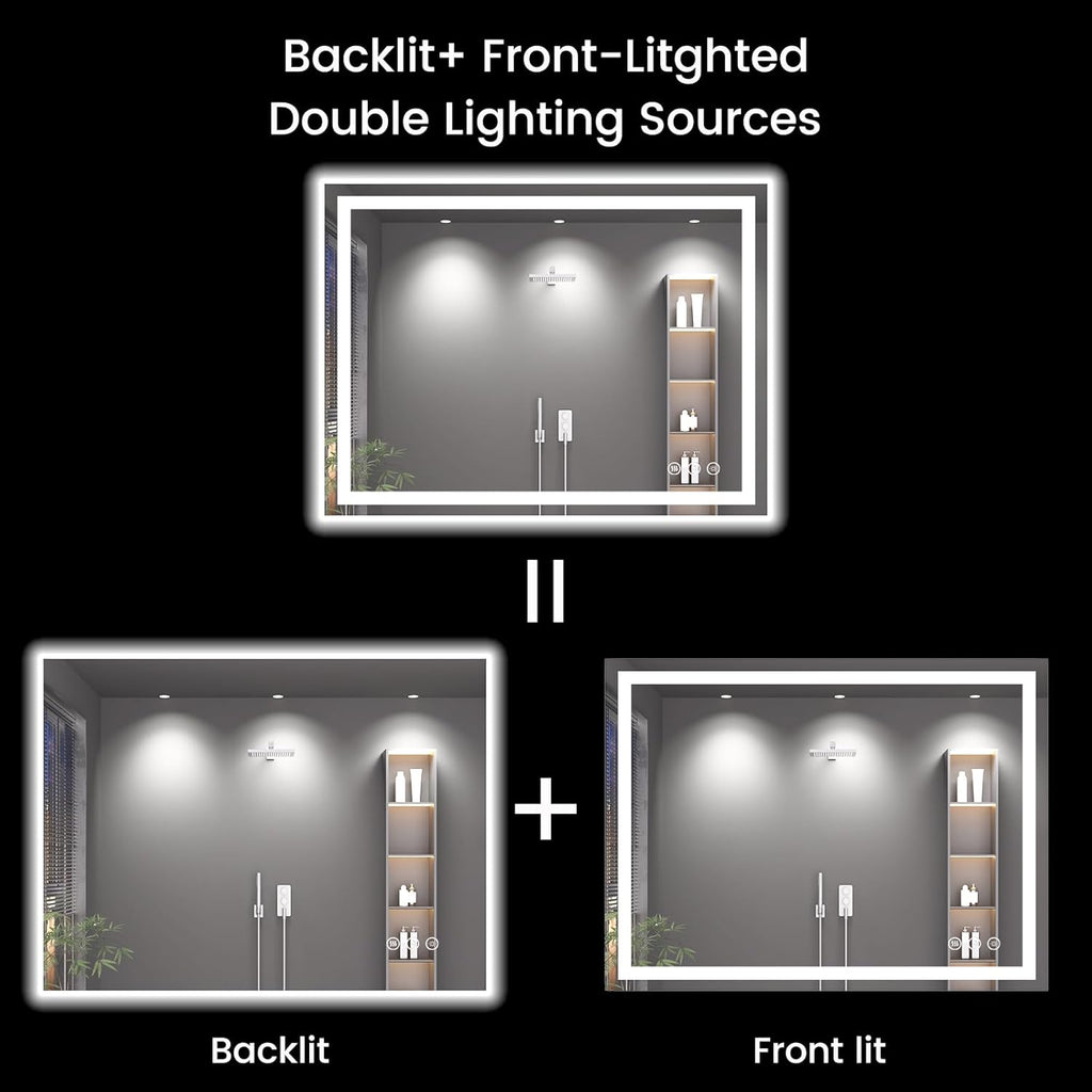 40X30 LED Bathroom Mirror with Lights, Anti-Fog, Backlit + Front Lit, Lighted Bathroom Vanity Mirror for Wall, Memory Function, Dimmable, Tempered Glass, Shatter-Proof
