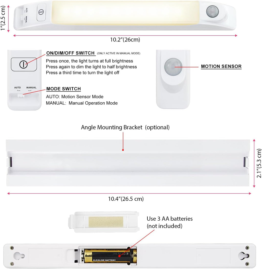 LUXSWAY LED Motion Sensor Light Indoor, Dimmable Under Cabinet Lights, Manual ON/Off, Battery Operated Closet Lighting Bar, Shelf Light, Stick-on Anywhere Night Lighting for Kitchen Wardrobe Pantry