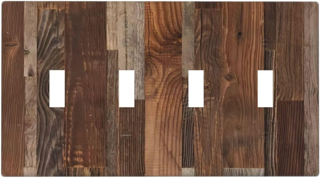 Vintage Brown Wooden Boards Print Wood Grain Light Switch Covers Quad Toggle Electrical Faceplate 4 Gang Wall Plate Decorative Switch Plates for Farmhouse Home Decor