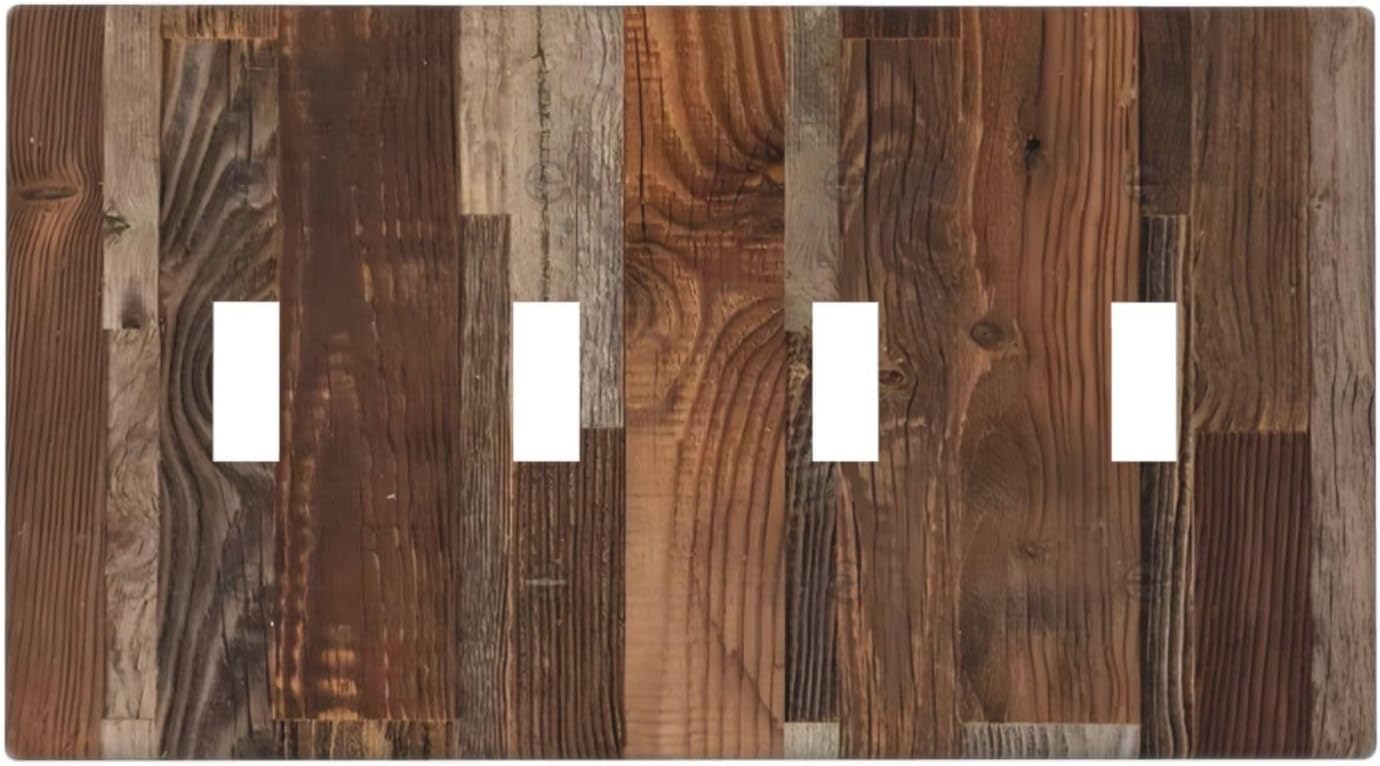 Vintage Brown Wooden Boards Print Wood Grain Light Switch Covers Quad Toggle Electrical Faceplate 4 Gang Wall Plate Decorative Switch Plates for Farmhouse Home Decor