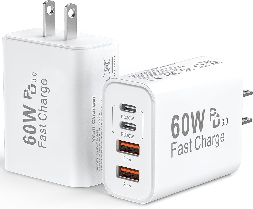 USB C Wall Fast Charger Block, 60W 4-Port Type C Charger Fast Charging Blocks +QC 3.0 USB C Multiport Charger Brick for Phone 16/15/14/13/12 Pro Max, Pad, Galaxy S24/23