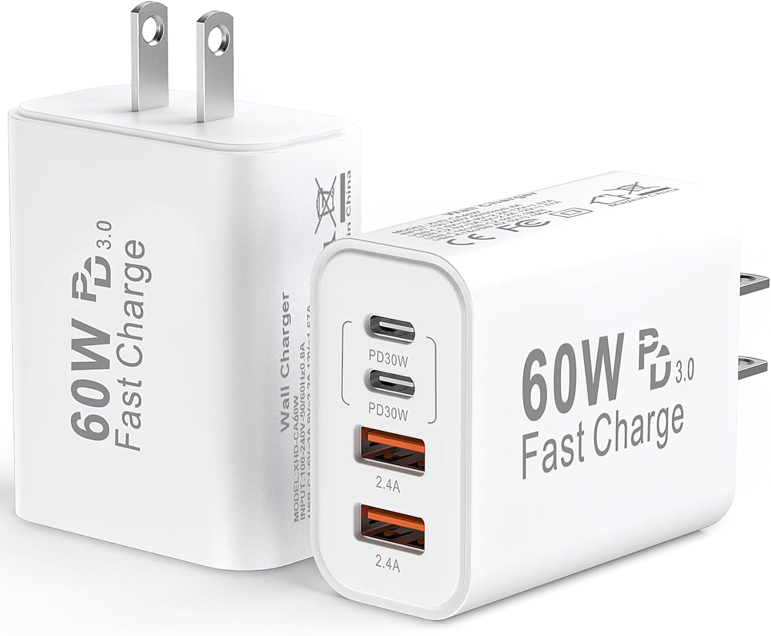 USB C Wall Fast Charger Block, 60W 4-Port Type C Charger Fast Charging Blocks +QC 3.0 USB C Multiport Charger Brick for Phone 16/15/14/13/12 Pro Max, Pad, Galaxy S24/23