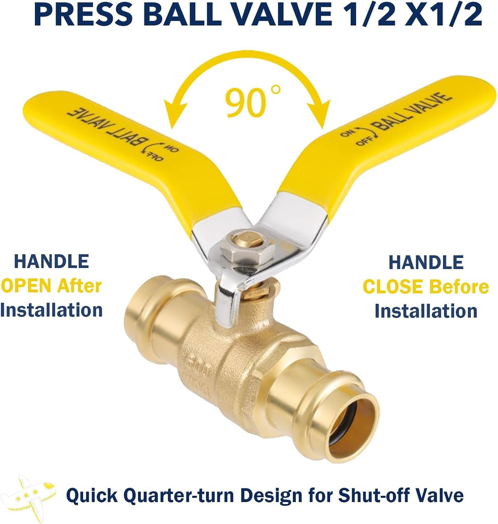 1/2" Press propress Ball Valve with EPDM O-Ring 1/4-Turn Full Port Shut Off Stop Valve for Copper Tubing Connection LF Brass 10PCS