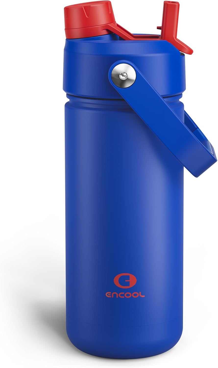 ENCOOL Insulated Water Bottle with Straw Stainless Steel Water Bottle, Leak-Proof, BPA-Free, Double Wall Vacuum Keeps Cold for 24 Hours for Sports, Travel, School (18 oz, Beaucoup Blue)