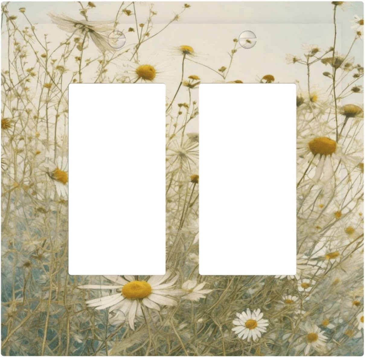 White Wildflowers Daisy Vintage Floral Decorative Outlet Covers 2 Gang Double GFCI Rocker Electrical Wall Panels Light Switch Cover Plate for Bed Room Living Room Decor