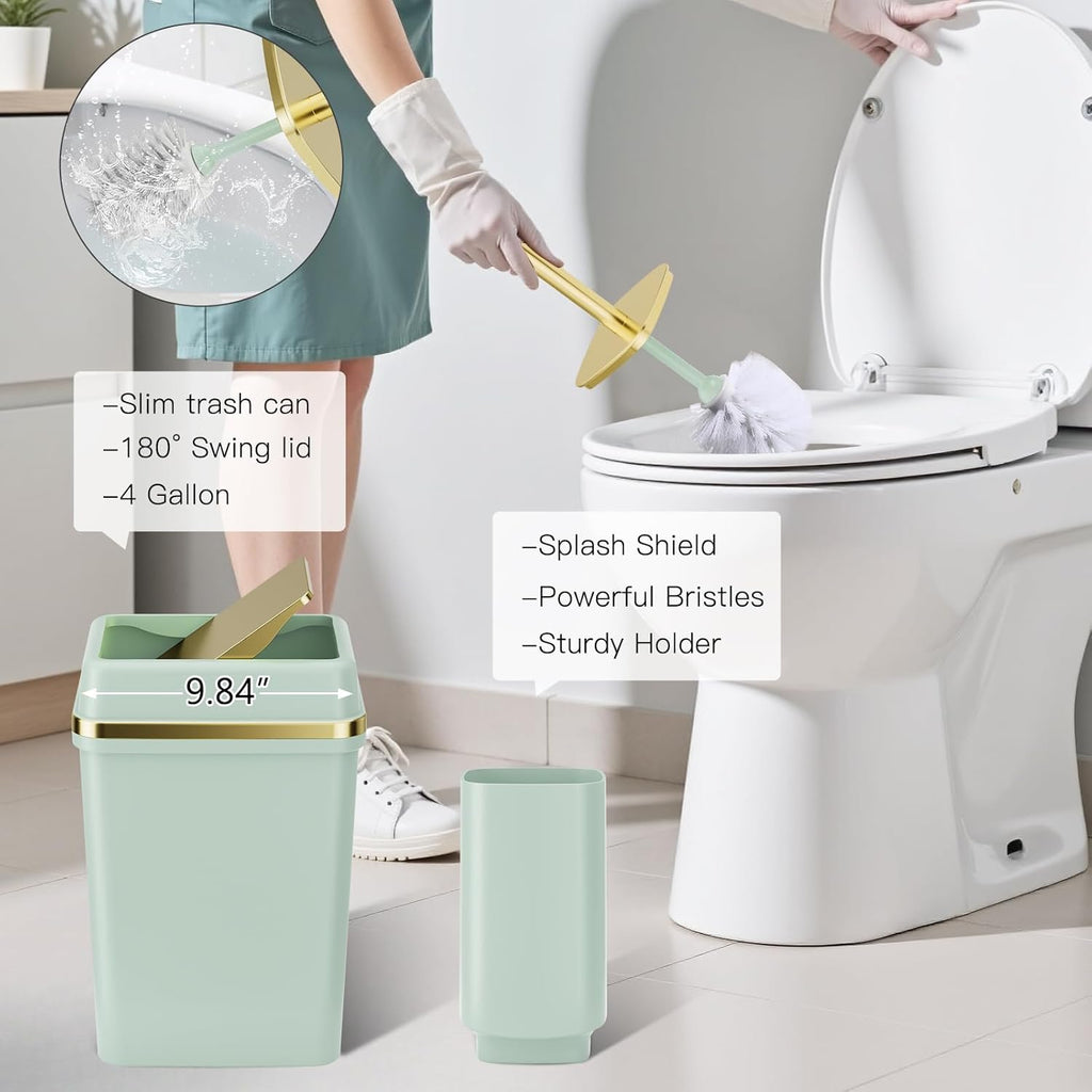 25PCS Bathroom Accessory Set, Green Bathroom Set with Large-Capacity 4 Gallon Trash Can,Bathroom Rugs Set, Waterproof Shower Curtain, Toilet Brush, Toothbrush Holder & Soap Dispenser