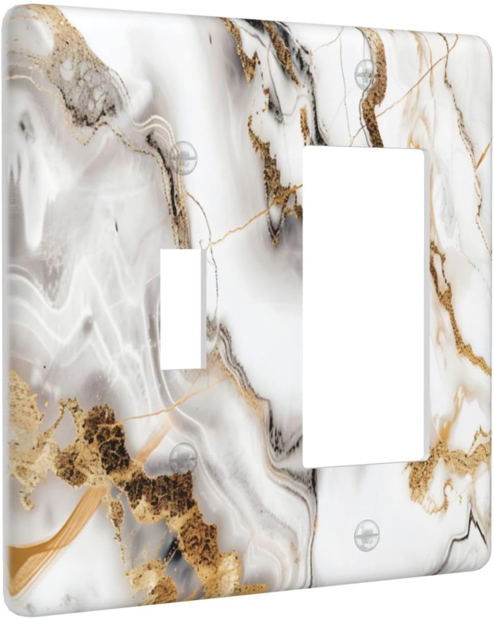 Luxurious Marble Abstract White Gold Tile Modern Simplicity Outlet Covers 1 Toggle 1 Rocker Combination Decorative Wall Plate Electrical Switch Plates Light Switch Cover Plate for Bathroom Kitchen