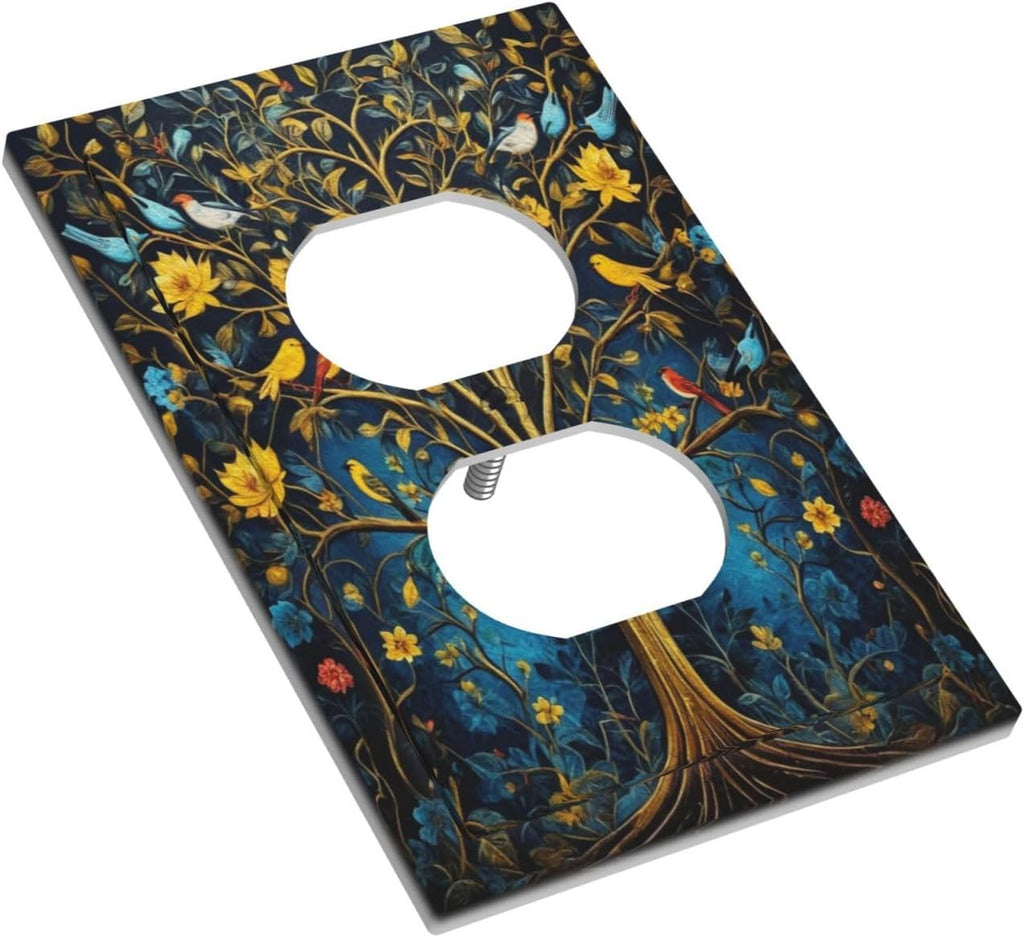 Gold Tree With Birds Flowers on Branches Light Switch Cover 1 Gang Outlet Plate Single Duplex Wall Plate Covers Decorative Switchplate Covers Electrical Faceplate for Home Decor