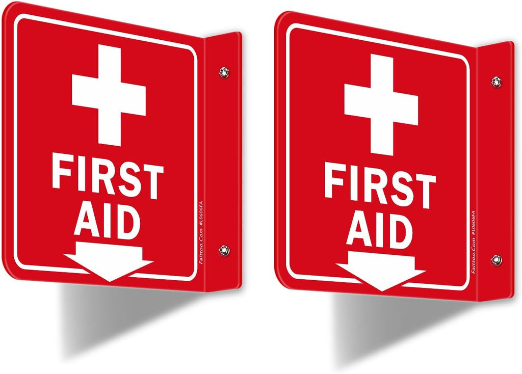 Faittoo First Aid Sign, 2 Pack First Aid with Cross Symbol - 6 x 6 Inches Acrylic Plastic, 2 Pre-Drilled Holes, Includes Matching Screws, Use for Home Office/Business