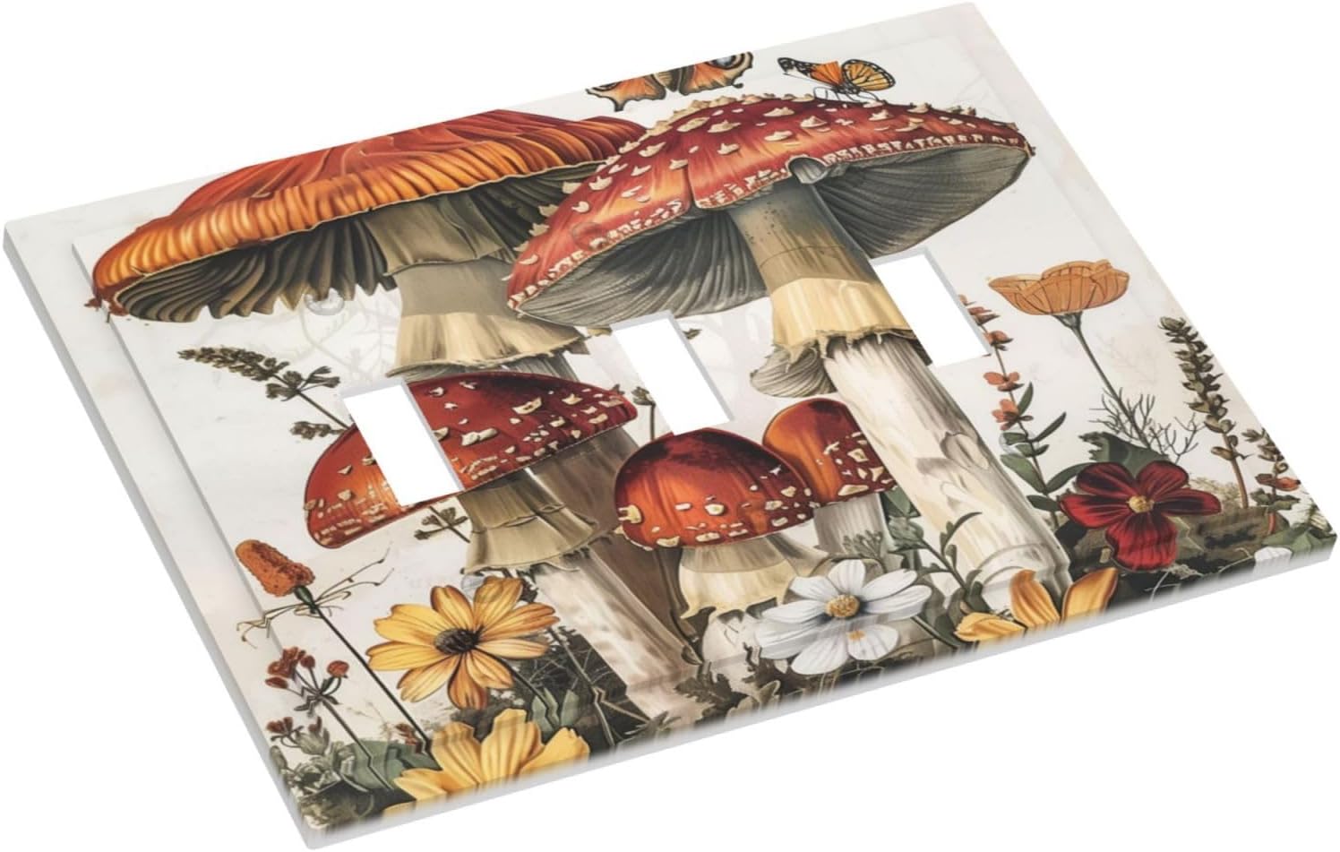 Decorative Switch Plates Mushroom Forest Butterfly Wild Flower 3 Gang Wall Plate Triple Toggle Light Switch Cover Faceplate Electrical Wall Panels For Bed Room Living Room Decor