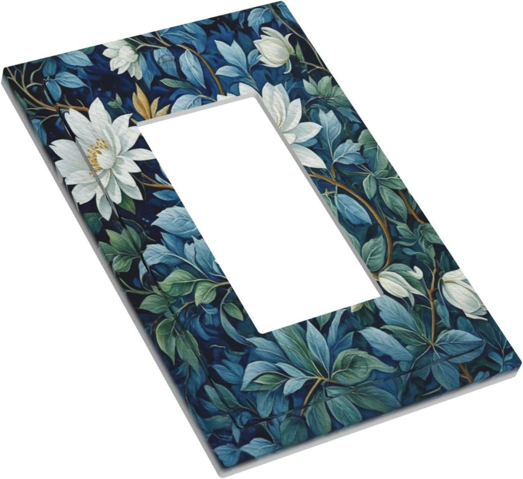 White Flowers Green Leaves Single Decora Outlet Wall Plate 1 Gang Rocker Decorative Switchplate Faceplate GFCI Light Switch Covers for Home Living Decor