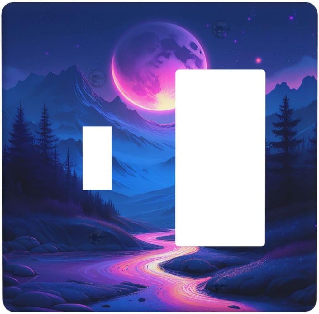 Purple Cyberpunk River Full Moon Mountain Forest Outlet Covers 1 Toggle 1 Rocker Combination Light Switch Cover Plate Decorative Wall Plate Electrical Switch Plates for Bedroom Bathroom