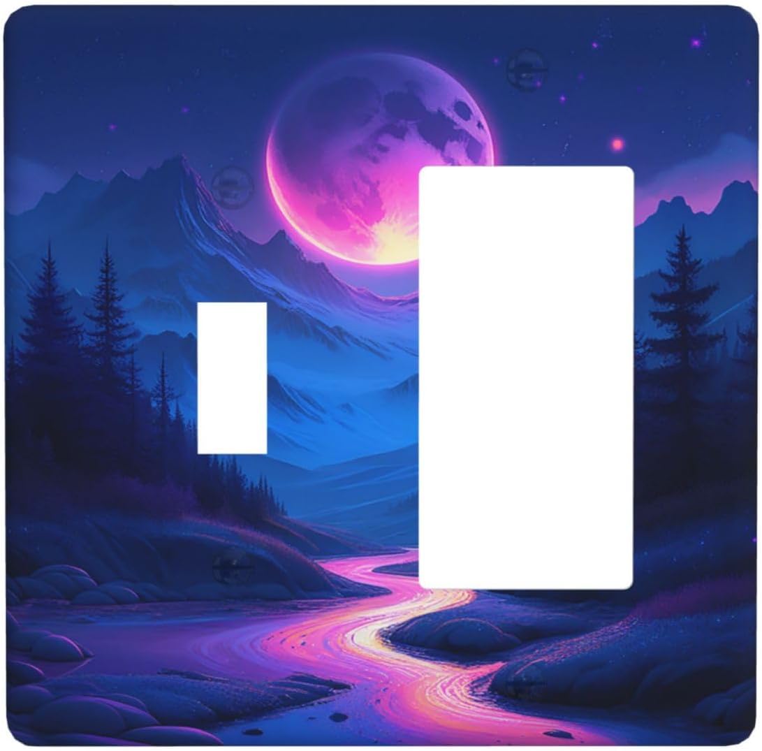 Purple Cyberpunk River Full Moon Mountain Forest Outlet Covers 1 Toggle 1 Rocker Combination Light Switch Cover Plate Decorative Wall Plate Electrical Switch Plates for Bedroom Bathroom