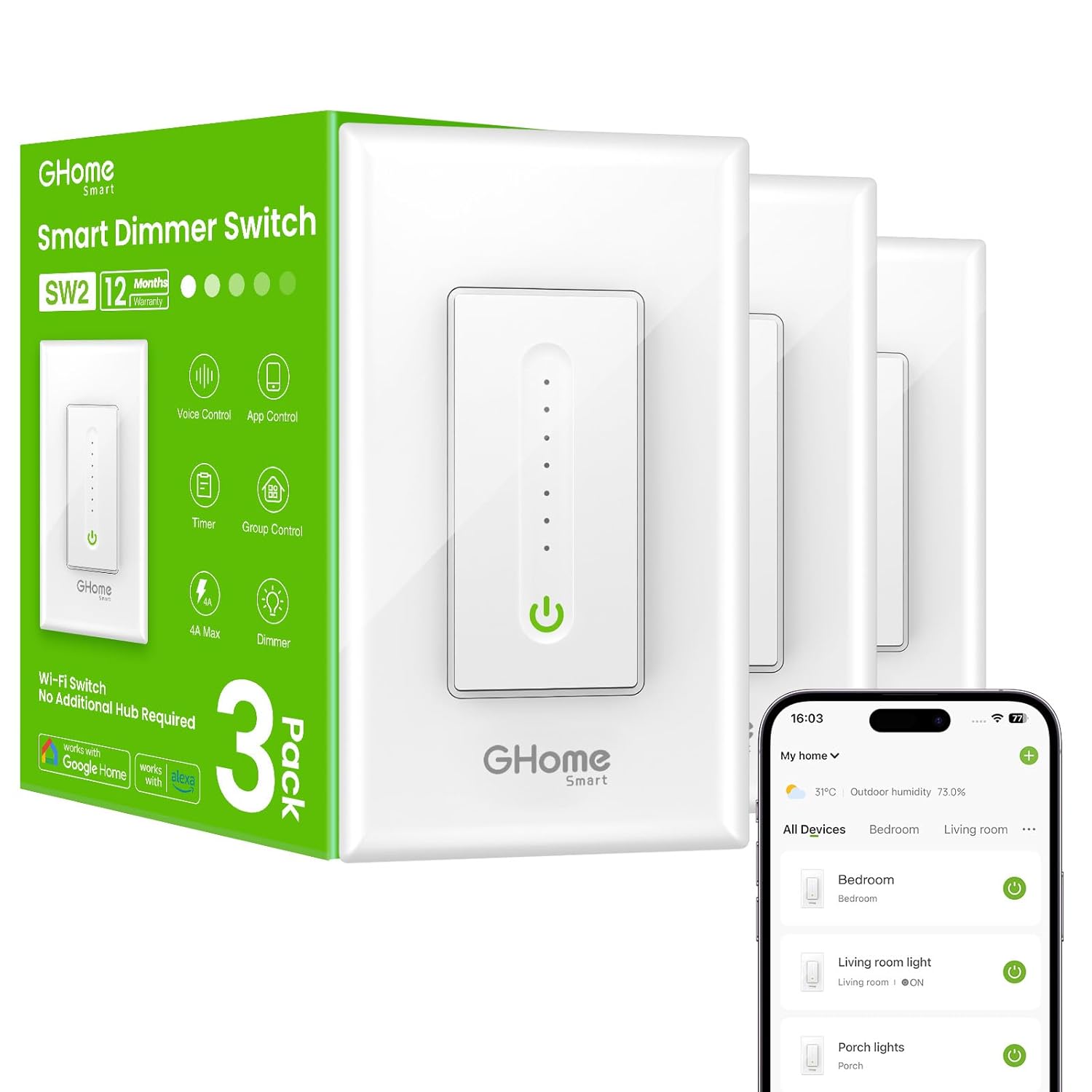 GHome Smart Dimmer Switch, Single Pole, 2.4GHz WiFi Dimmer Light Switch Works with Alexa and Google Home, Voice & APP Remote Control | Timer & Schedule | UL Certified, Neutral Wire Required, 3 PACK