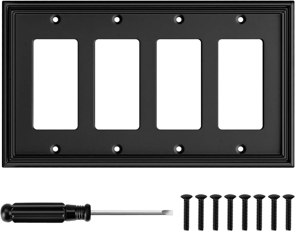 Black Modern Decorative Wall Plate Light Switch Cover Decorator Outlet Covers Rocker Switch Plates Bamboo Fiber Material Wall Plates for Kitchen Bathroom (4 Gang Quad Decorator-1 Pack)