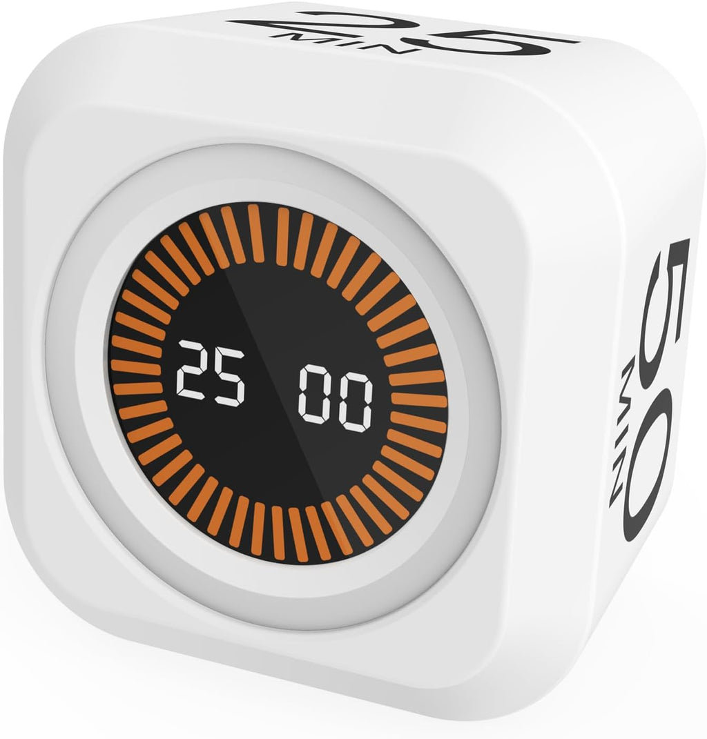 Rotating Cube Pomodoro Timer 5, 25, 10, 50 Min Preset + Custom Countdown, Desk Productivity Flip Visual Timer w/Silicone Case, Silent Mode, Ideal for ADHD Tool Study Work School (White)