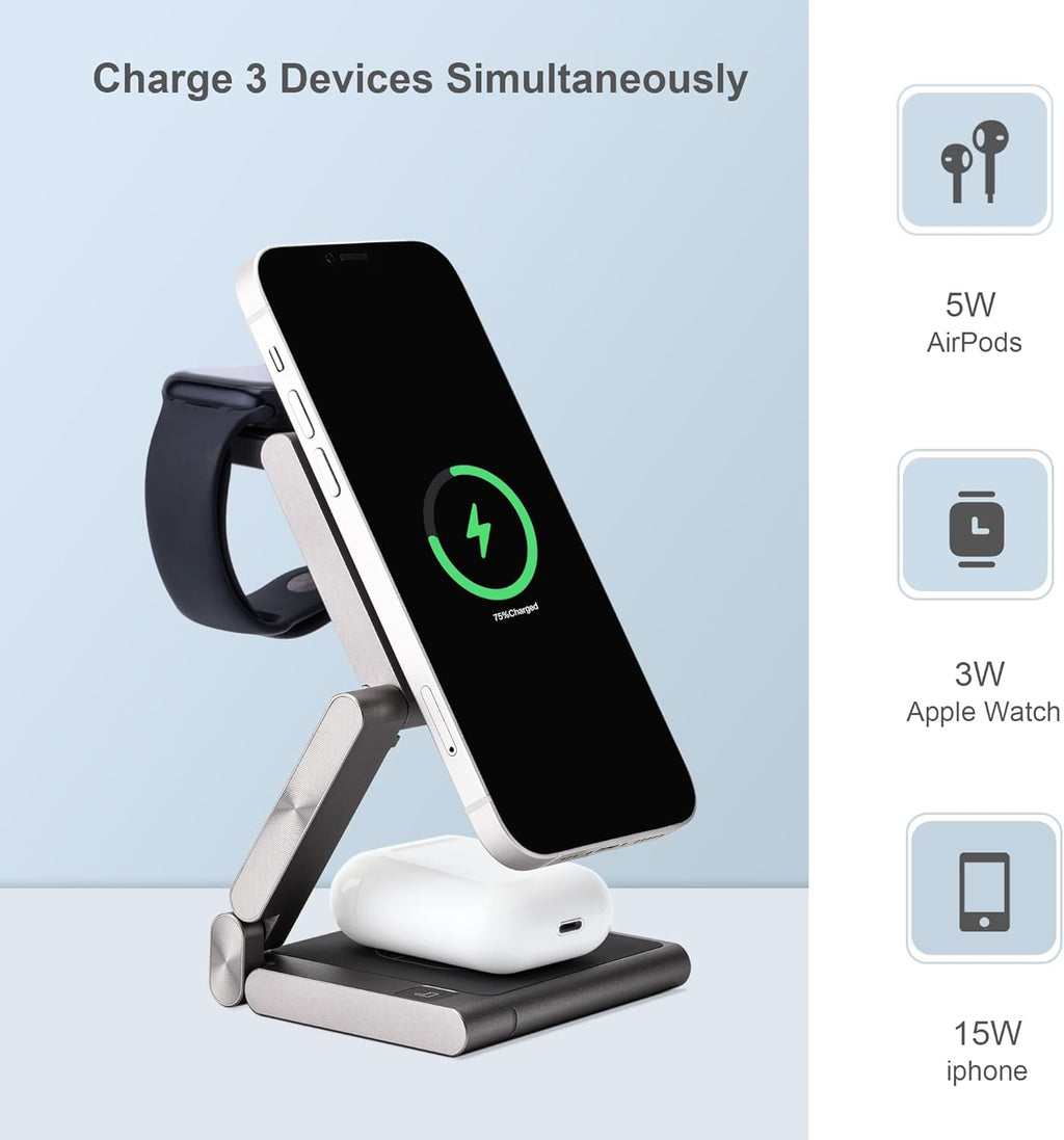 Fast Wireless Charging Station, Foldable for Travel w/Light, Modern All Aluminum Alloy Body, 4 in 1 Charger Compatible with MagSafe for Apple iPhone 16/15/14/13/12, AirPods and Apple Watch [Black]