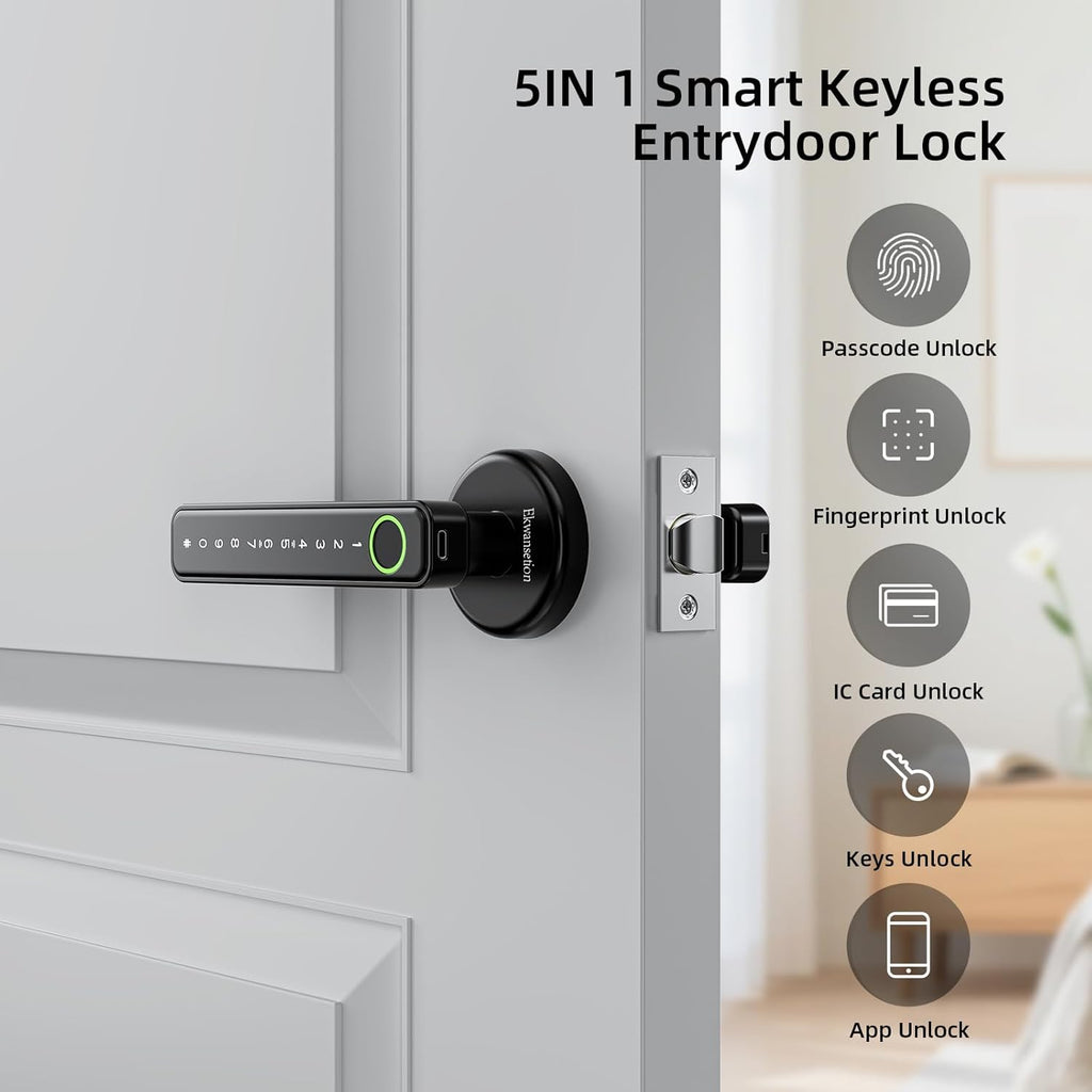 Fingerprint Door Lock Smart Door Lock with Keypad Keyless Entry Door Lock with Handle for Home Hotel Office Apartment Bedroom with Alexa (Black app Unlock) Ekwansetion