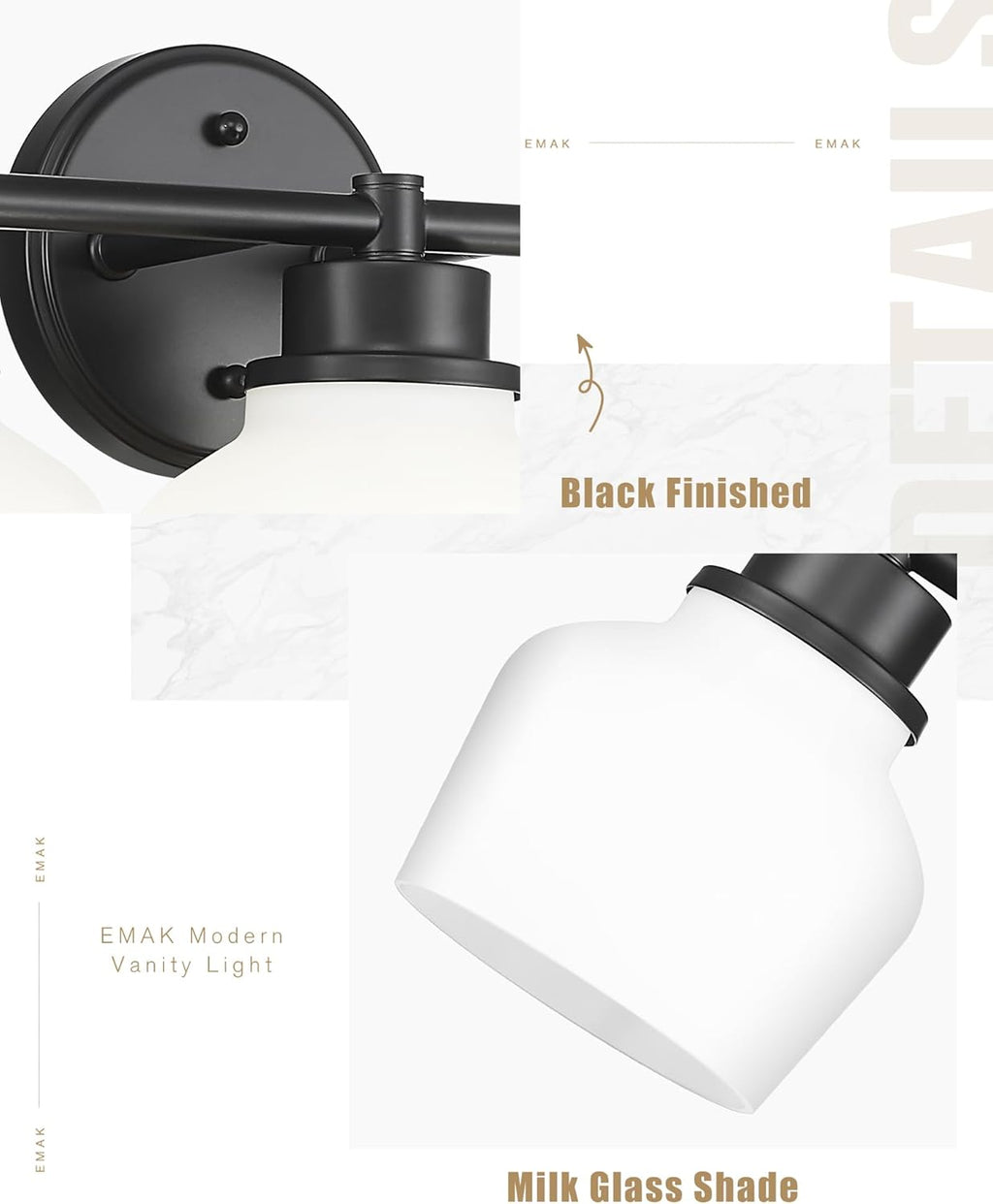 Emak 2-Light Vanity Light, Modern Farmhouse Black Bathroom Fixture Over Mirror With Milk Glass Shade, VL122-BK-ML-2