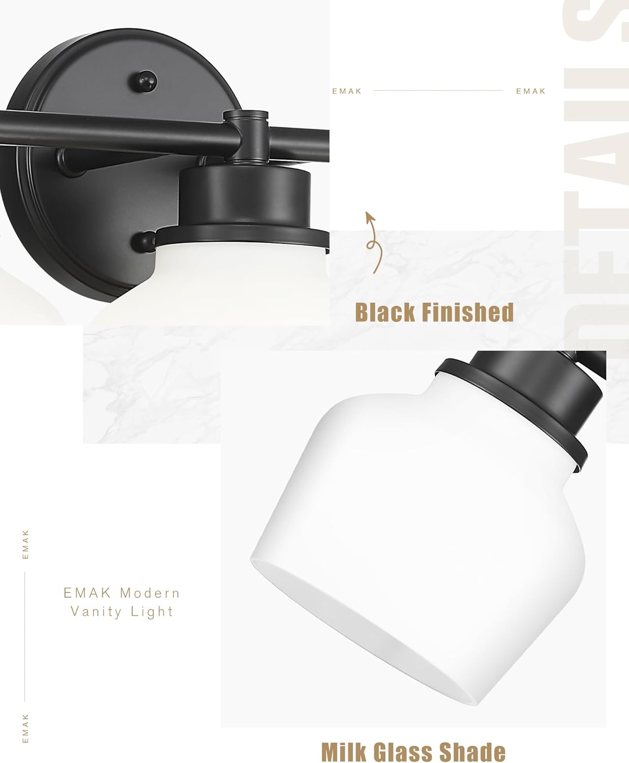 Emak 2-Light Vanity Light, Modern Farmhouse Black Bathroom Fixture Over Mirror With Milk Glass Shade, VL122-BK-ML-2
