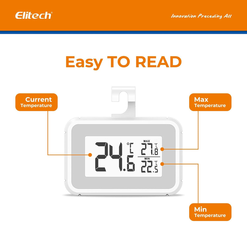 Elitech 4Pack Fridge Thermometer Digital Freeze Refrigerator Thermometer Waterproof Large LCD Display Max/Min Record Function TM-2T