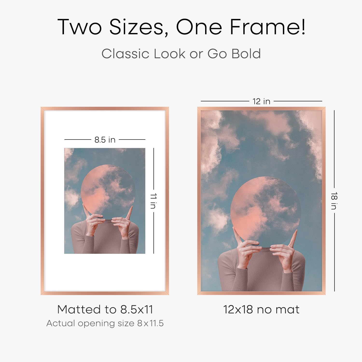 Homeforia 12x18 Picture Frame Rose Gold, High End Metal 12x18 Poster Frames with Mat 8.5x11 in Photo, 12 x 18 Rose Gold Frame Matted to 8.5 by 11 Print, 18x12 Frame, Tempered Glass, Wall Kit, Set of 1