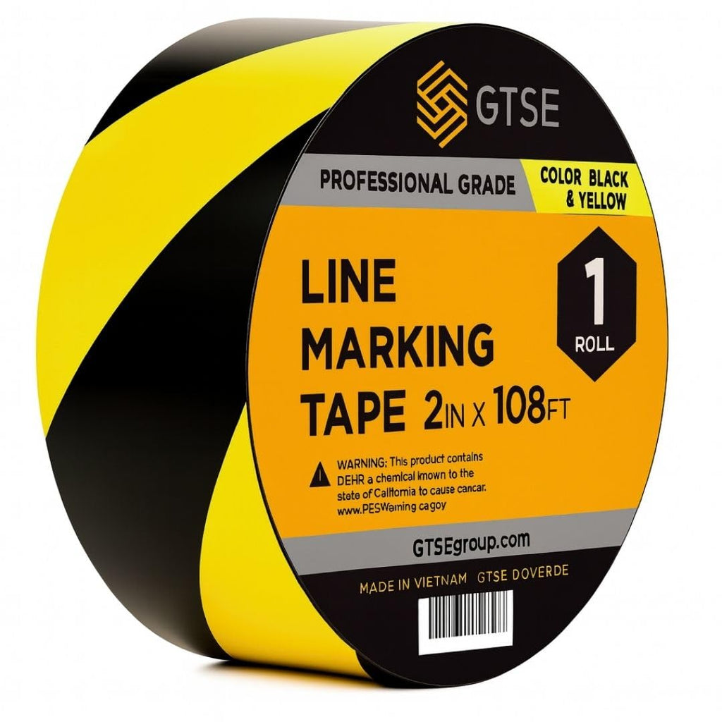 GTSE 2 inch x 108 ft Black& Yellow Striped PVC Vinyl Floor Tape, Safety Marking Tape, 6 mil Thick, Suitable for Dance Floors, Gyms, Warehouses, Sports Facilities, Hazards