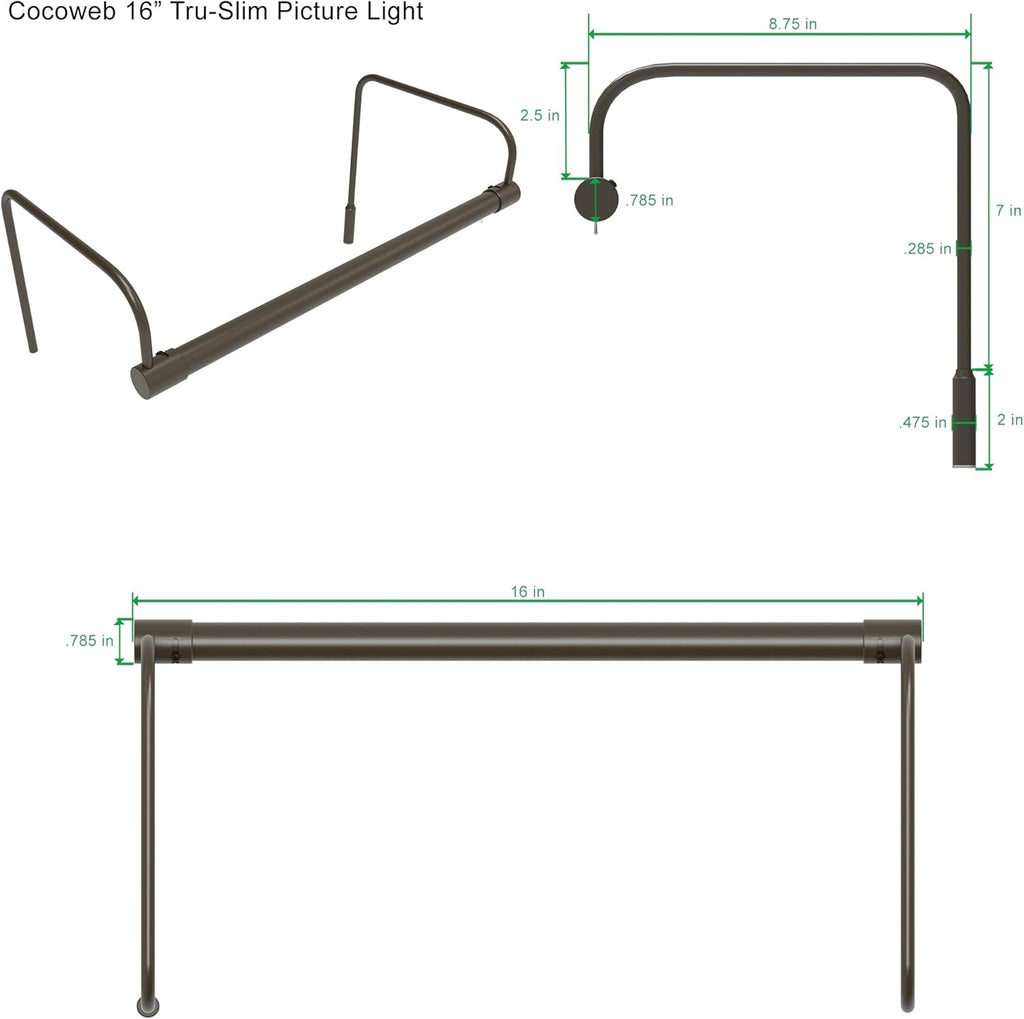 Cocoweb 16 Inch Tru-Slim Mahogany Bronze Picture Light - LED, 2700K, Adjustable Arm, Plug-in, Toggle Switch, Sleek and Compact Design