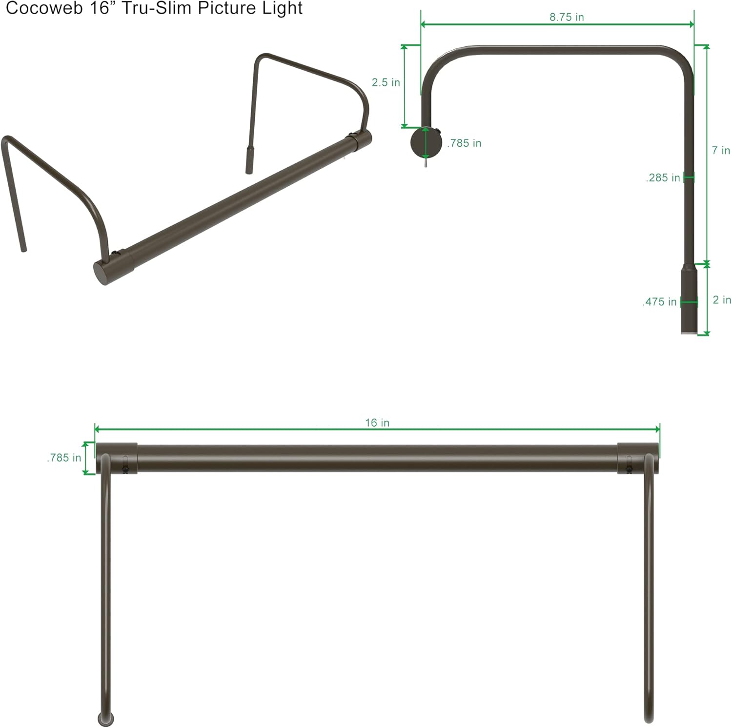 Cocoweb 16 Inch Tru-Slim Mahogany Bronze Picture Light - LED, 2700K, Adjustable Arm, Plug-in, Toggle Switch, Sleek and Compact Design
