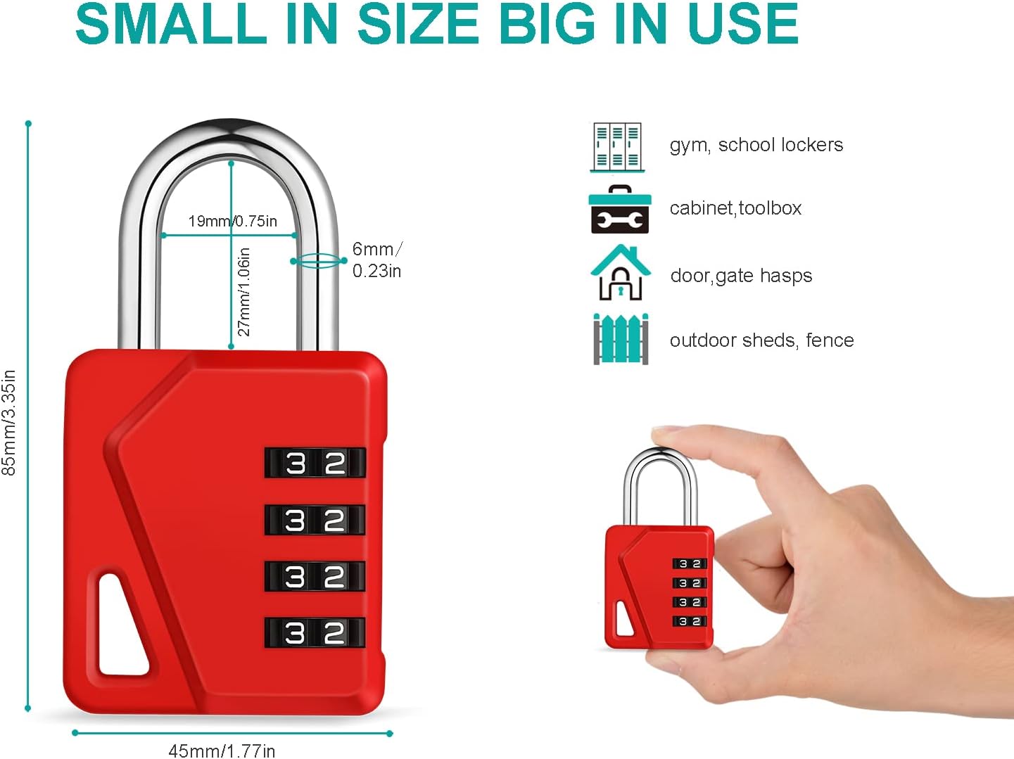ZHEGE Small Locker Lock Gym, 4 Digit Combo Lock with DIY Name Tag, White Number Padlock for School, Toolbox, Cabinet, Fence, Shed, Easy to Read (Red, 1 Pack)