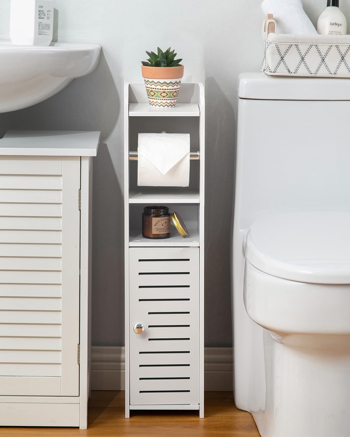 AOJEZOR Toilet Paper Holder Stand: Small Bathroom Storage Cabinet for Small Spaces