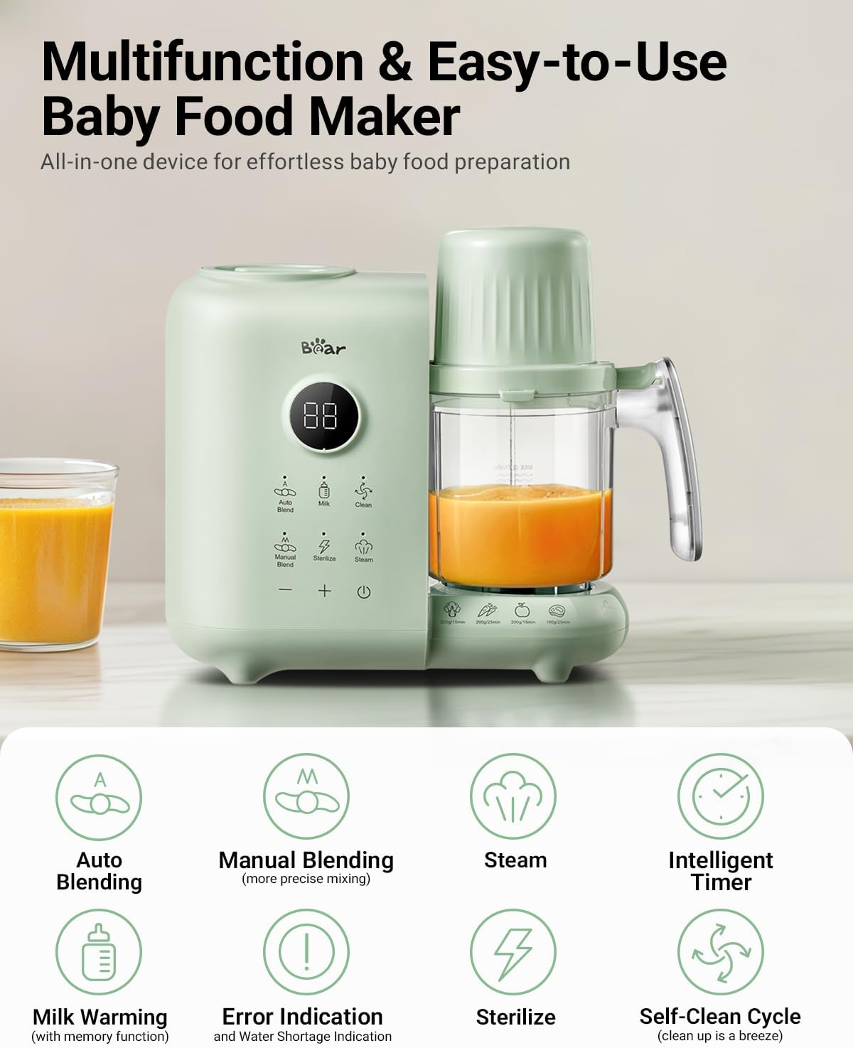 Bear Baby Food Maker with 18.5oz Dual-Layer Steam Baskets, OneStep Baby Food Processor Steamer Puree Blender Grinder Mills, Auto Cooking Grinding&Sterili-zing for Healthy Homemade Baby Food, BPA-Free
