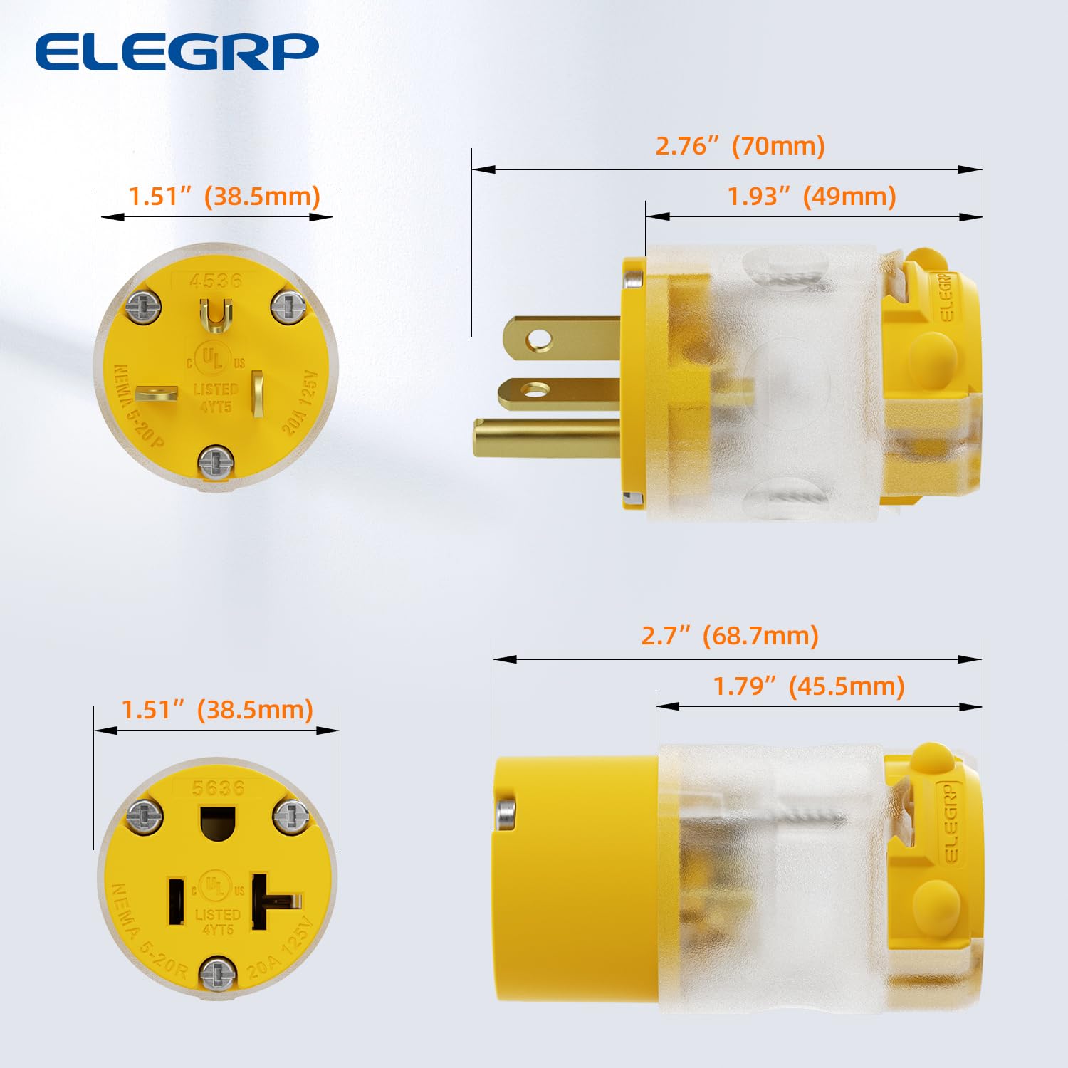 ELEGRP Lighted Straight Blade Electrical Plug and Connector Set 20 Amp 125 Volt NEMA 5-20P NEMA 5-20R 2 Pole 3 Wire Grounding, Commercial Grade, Yellow, 1 Set