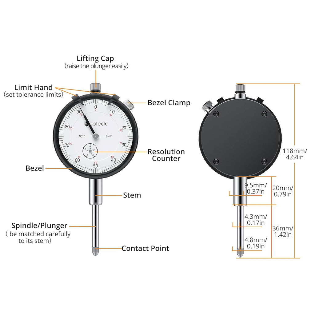 Neoteck Dial Indicator 0-1”/0.001” with 90lbs/40kg Magnetic Base,Imperial Dial Test Indicator Gauge Set for Lathe,3D Printer,CNC,Automobile,Laboratory