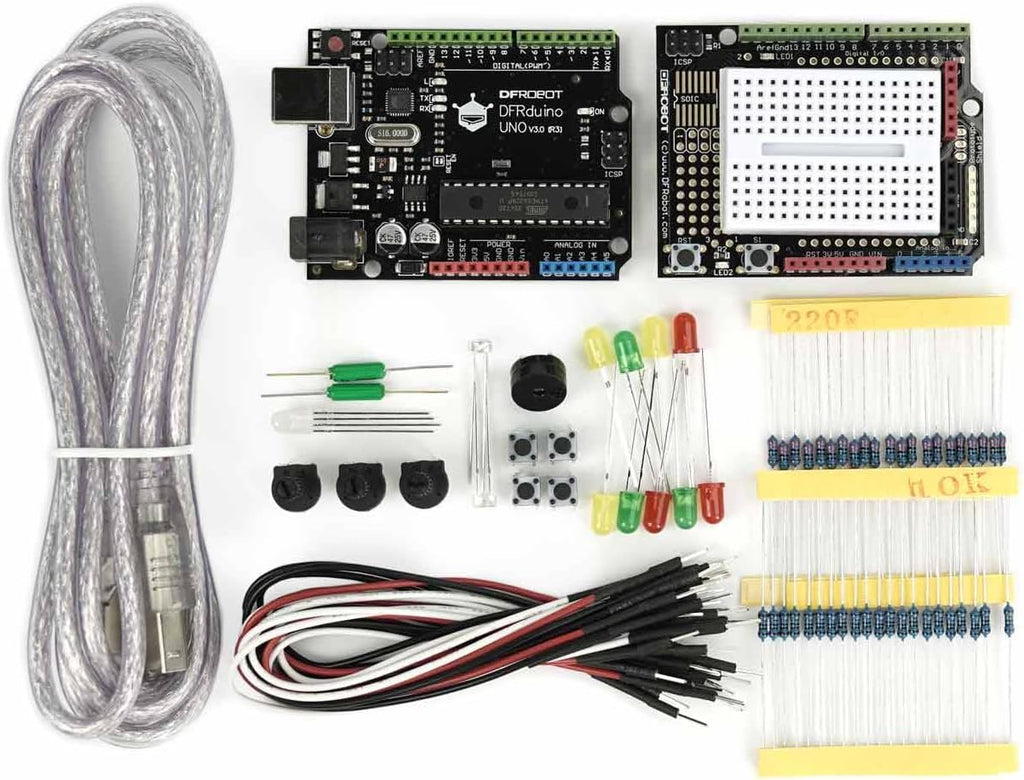 DFRobot Basic Electronics Starter Kit for Beginners - with UNO R3 Board, Compatible with Arduino IDE, 83 Labeled Components & 12 Step-by-Step Tutorials - Frustration-Free for College STEM