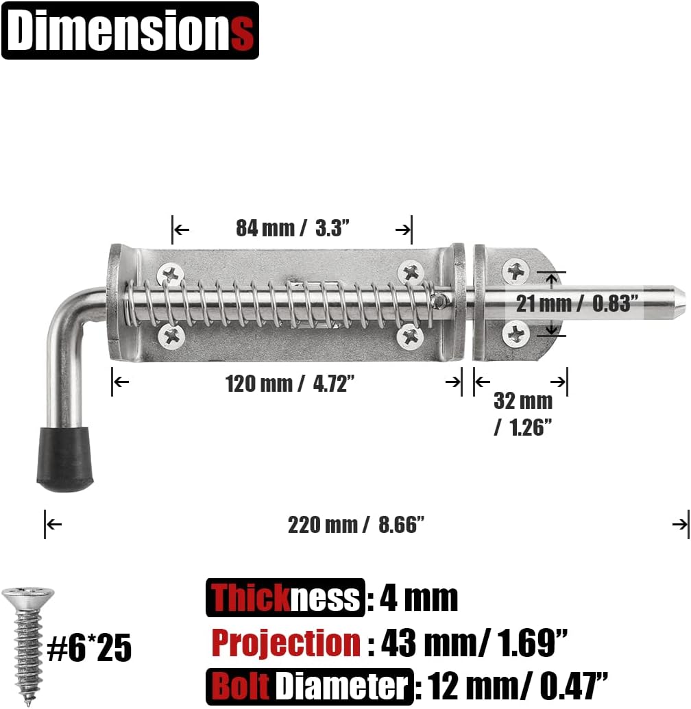 JQK Spring Loaded Sliding Bolt Latch, Heavy Duty 304 Stainless Steel Thickened 4mm Door Lock Barrel Bolt, 8.6 Inch Brushed Finished, HSB500