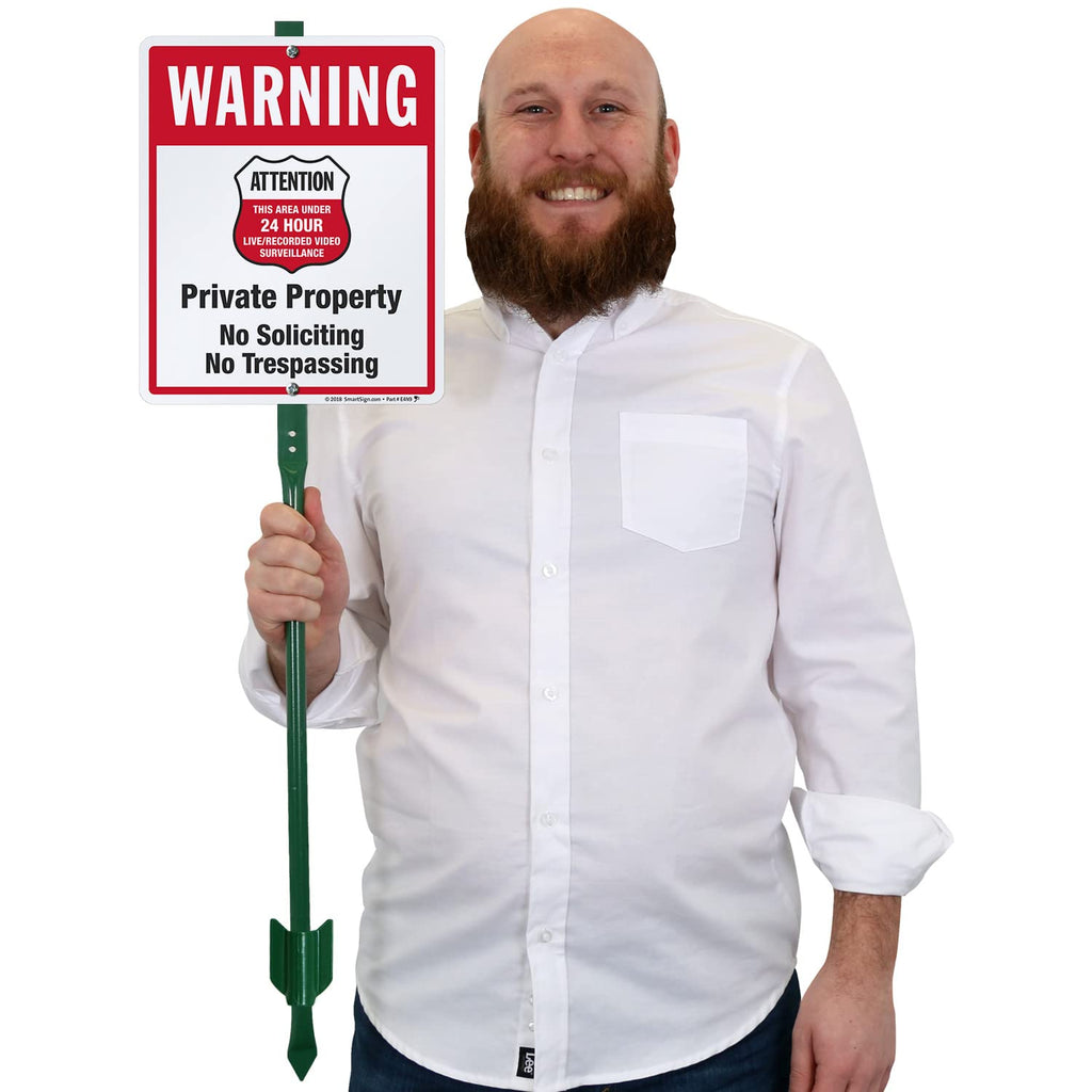 SmartSign 12" x 10" 'Warning - Private Property, No Soliciting/Trespassing, Area Under Surveillance' Yard Sign with 3 ft Stake, 40 mil Laminated Rustproof Aluminum, Red/Black/White, USA-Made