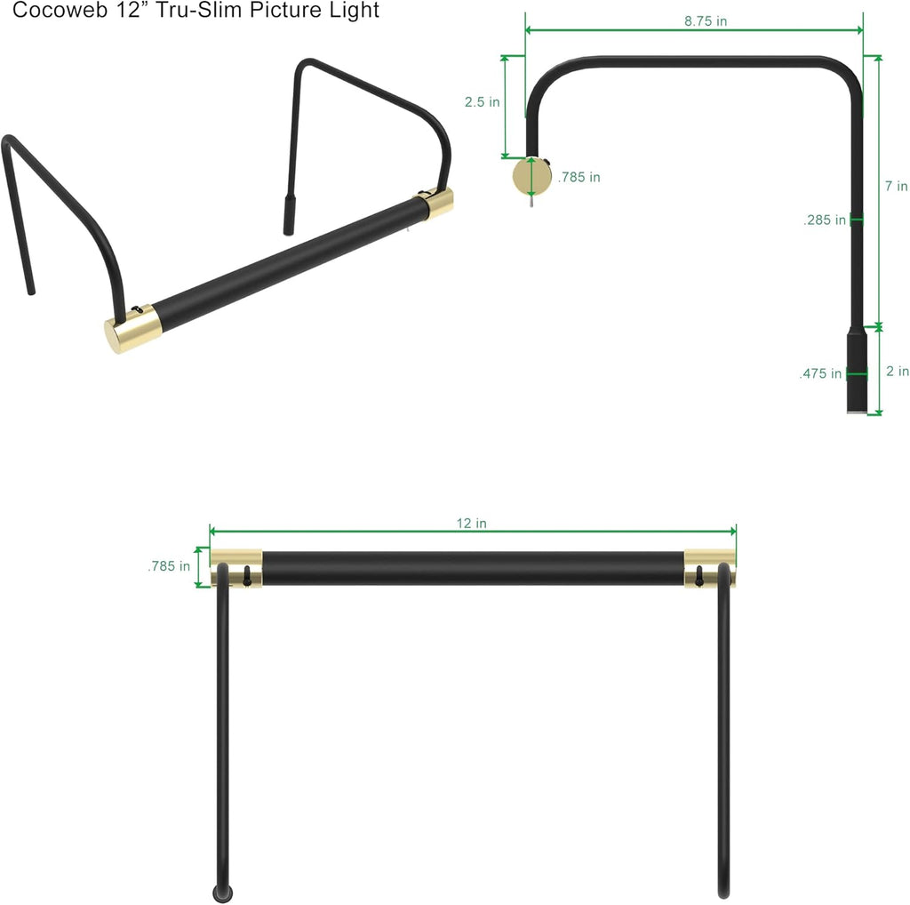 Cocoweb 12 Inch Tru-Slim Black and Brass Picture Light - LED, 2700K, Adjustable Arm, Plug-in, Toggle Switch, Sleek and Compact Design