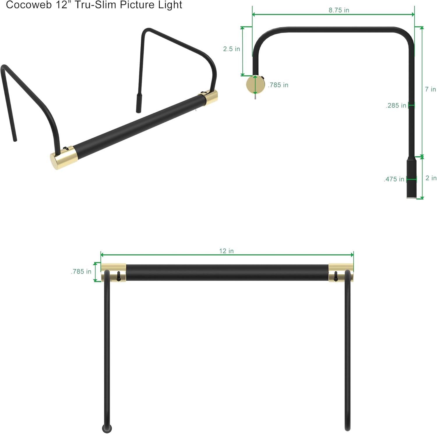 Cocoweb 12 Inch Tru-Slim Black and Brass Picture Light - LED, 2700K, Adjustable Arm, Plug-in, Toggle Switch, Sleek and Compact Design