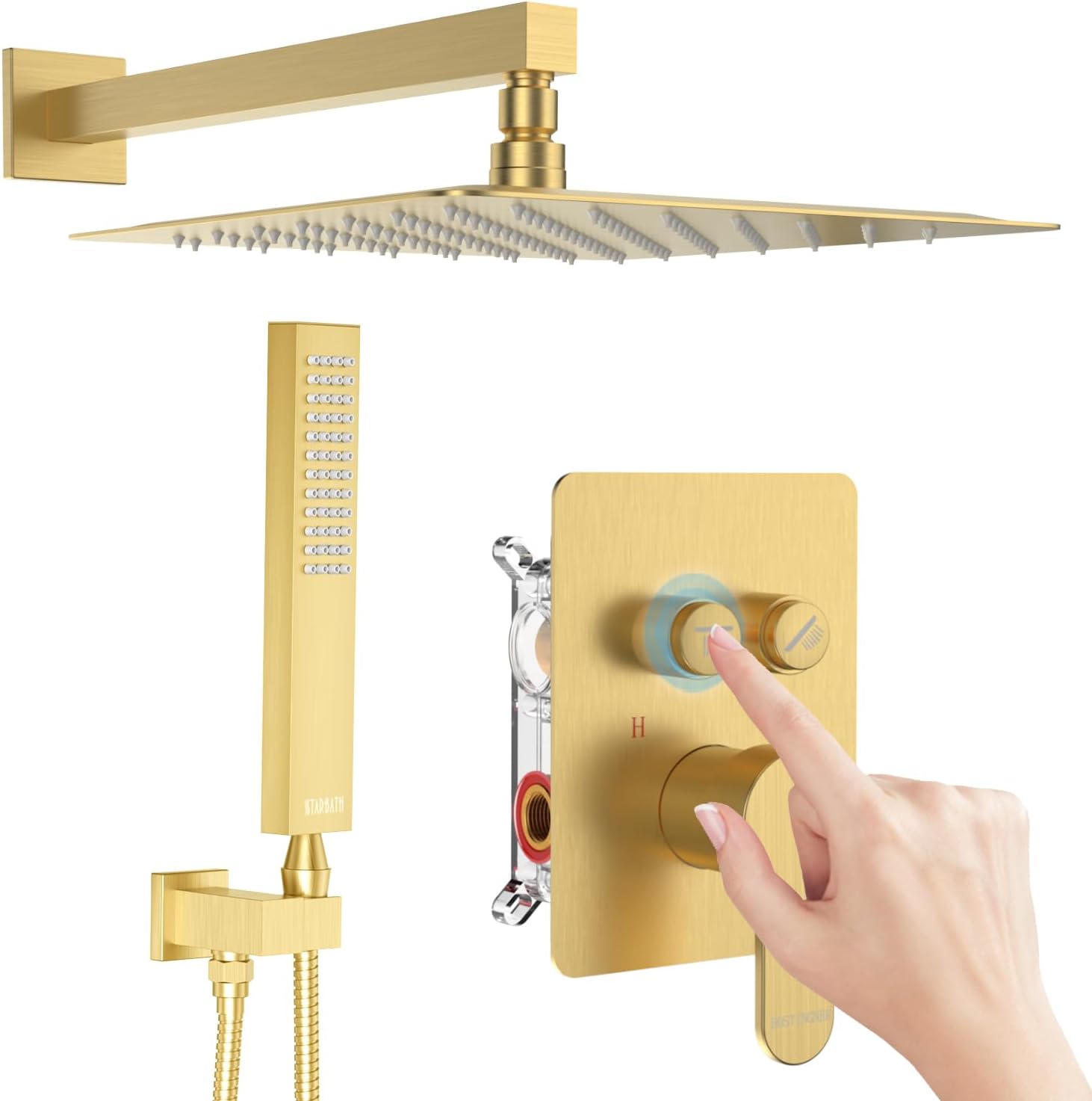 Brushed Gold Shower System, STARBATH 12 inch Rainfall Shower Head with Handheld Combo Set, Push Button Diverter 2 Functions Simultaneous Use, Bathroom Shower Faucet Set Rough in Valve Body and Trim