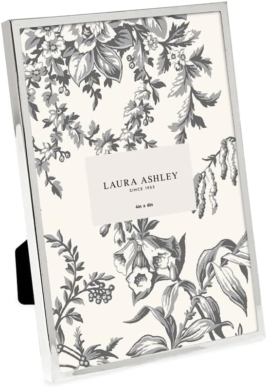 Laura Ashley 4x6 Silver Flat Metal Picture Frame (Vertical & Horizontal) w/Two-Way Easel Stand, Black Velvet Backing, Wall-Mountable, Made for Tabletop, Desk, Wall Display, Home Décor (4x6, Silver)